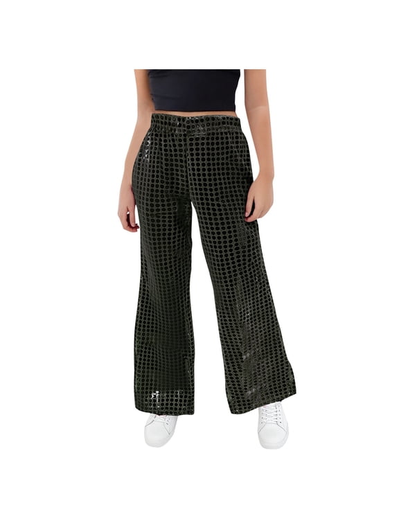 Girl's Sequin Wide Leg Pants Kids Elastic Waist Sparkle Polka Dot Pants Party Holiday Trousers for Little Girls Black,11 Years