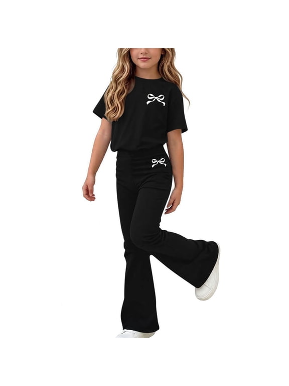 Girls Bow Decor 2 Piece Outfits Short Sleeve T-shirt High Waisted Flare Pants Casual Daily Wear Clothing Set Black,7-8Years