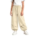 thumbnail image 1 of hlysgo Girls Casual Cargo Pants Y2K Elastic Waist Loose Fit Pant with Wide Leg Trousers with Pockets Beige Beige,4-5 Years, 1 of 5