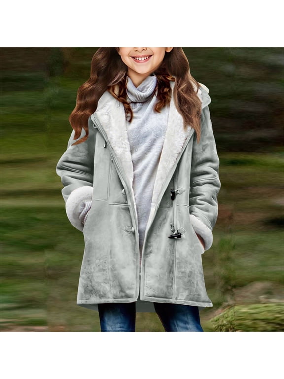 Girls Fall Hooded Toggle Button Winter Warm Jacket Long Sleeve Y2K Streetwear Sweatshirt with Pockets Gray,10 Years