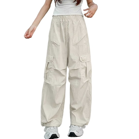hlysgo Girls Parachute Pants Wide Leg Cargo Pant Y2K Streetwear Trousers with Multi Pockets Beige Beige,12-13Years