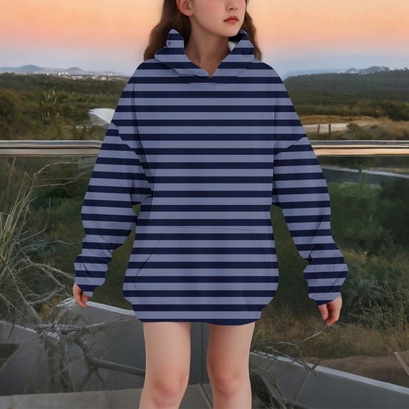 hlysgo Girls Striped Oversized Hoodie Dress Loose Long Preppy Casual Pullover Sweatshirt Fall Y2K Outdoort Tops with Pockets Navy,9-10Years