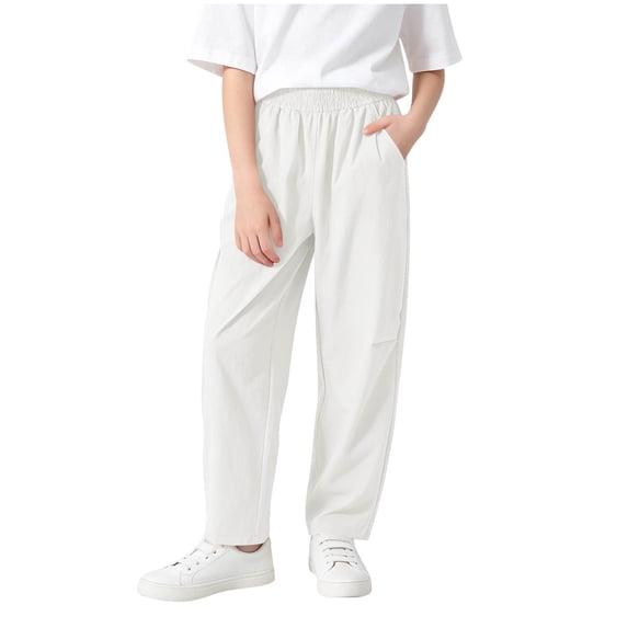 hlysgo Girls Wide Leg Pants High Elastic Waist Casual Pant Flowy Long Comfort Cozy Soft Trousers with Pockets White White,13-14 Years
