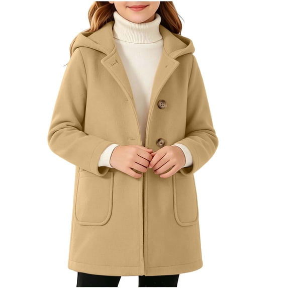 hlysgo Girls Wool Blend Hooded Pea Coat Mid Length Button Down Pockets Fall Winter Warm Outerwear Khaki,12-13Years