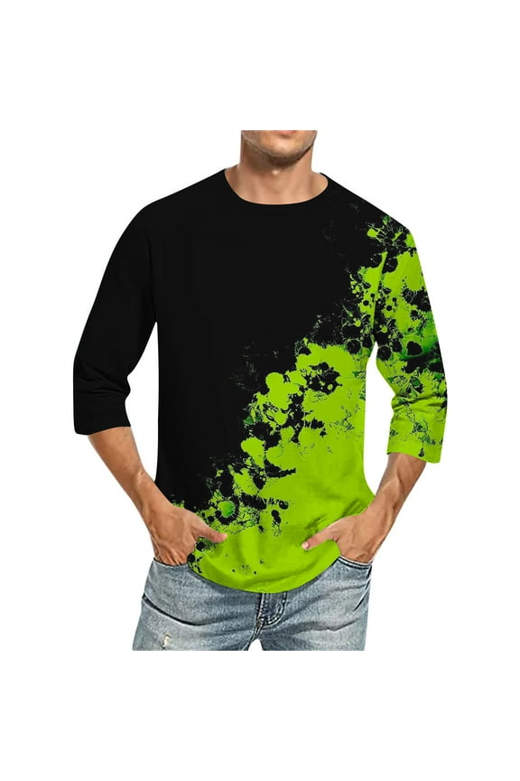 Gradient Shirt for Men Big and Tall Crewneck 3/4 Sleeve Shirts Casual Stylish Graphic Tee Loose Fit Three Quarter Sleeve Going Out Tops Green XXXL