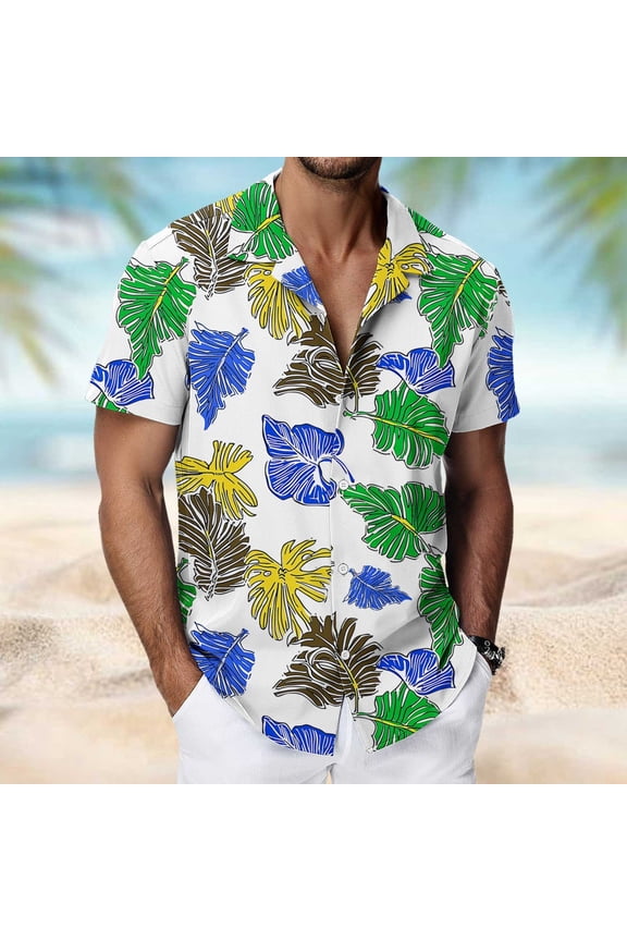 Hawaiian Shirts for Men Floral Printed Beach Vacation Tops Causal Short Sleeve Hawaiian Tropical Button Down Shirts Big and Tall White L