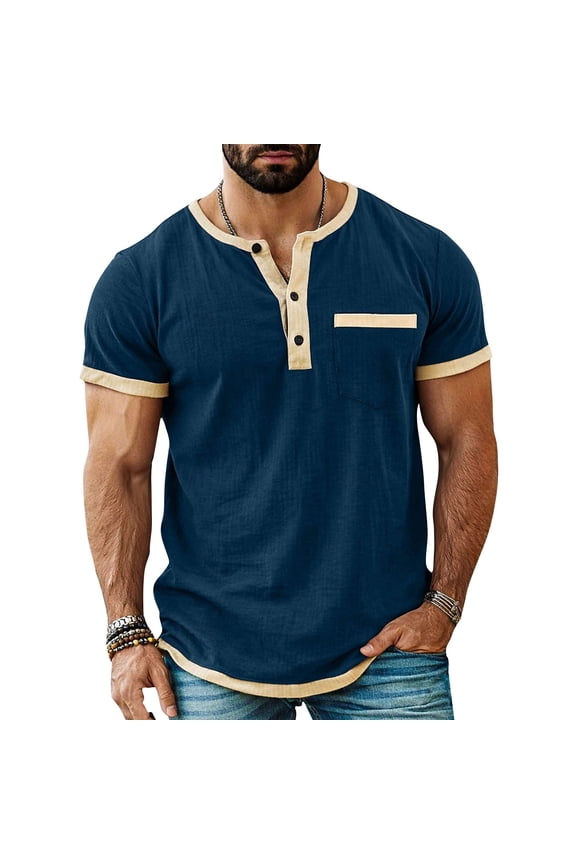 Henley Shirts for Men Big and Tall Color Block Short Sleeve Linen Men Shirt with Chest Pocket Summer Casual 3 Button Henley T-shirts Navy,Size XXXXL