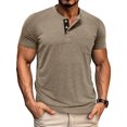 thumbnail image 1 of hlysgo Henley Shirts for Men Short Sleeve 3 Button up T Shirt with Chest Pocket Business Causal Tops Dressy Classic Fit Daily Summer Top Khaki L, 1 of 8