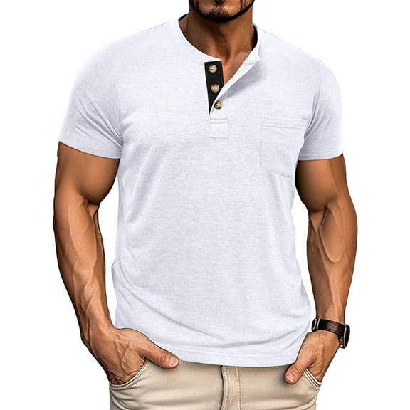 hlysgo Henley Shirts for Men Short Sleeve 3 Button up T Shirt with Chest Pocket Business Causal Tops Dressy Classic Fit Daily Summer Top White XXL
