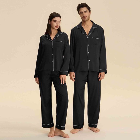 hlysgo His and Hers Pajamas Sets Couples Pjs Set Cozy Button Down Satin Sleepwear Shirts and Night Pants Comfy Lougewear Black L