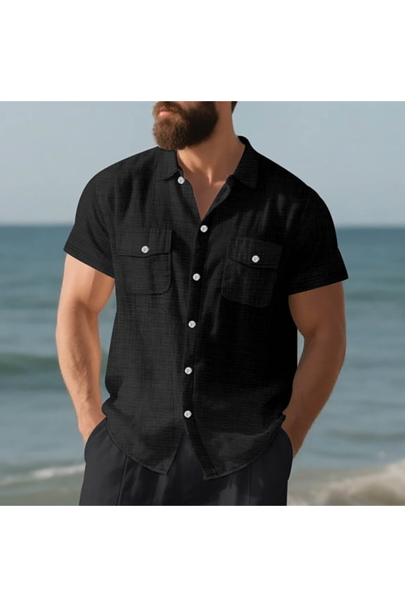 Linen Button Down Shirt Men Short Sleeve Summer Beach Shirts with Pockets Casual Plain Shirt Regular Fit Solid Color Button up Work Shirts Black XL