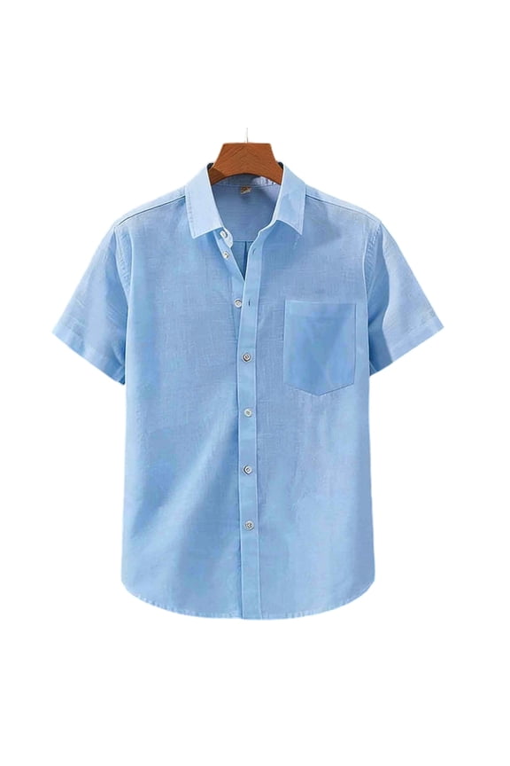 Linen Button Down Shirts for Men with Pocket Relaxed Fit Solid Short Sleeve Summer Beach Shirts Big and Tall Work Button Down Shirt Light Blue XXL
