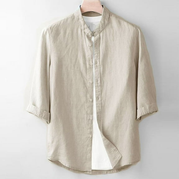 hlysgo Linen Shirts for Men Loose Fit Solid Color Button Down 3/4 Sleeve Tshirt Casual Stand Collar Spring Summer Vacation Beach Shirt Beige XXL
