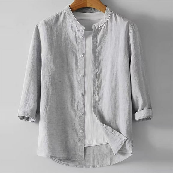 hlysgo Linen Shirts for Men Loose Fit Solid Color Button Down 3/4 Sleeve Tshirt Casual Stand Collar Spring Summer Vacation Beach Shirt Gray XL
