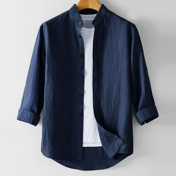hlysgo Linen Shirts for Men Loose Fit Solid Color Button Down 3/4 Sleeve Tshirt Casual Stand Collar Spring Summer Vacation Beach Shirt Navy XXL