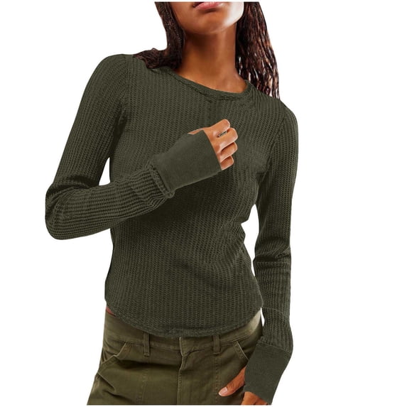 hlysgo Long Sleeve Shirts for Women Waffle Knit Crew Neck Thermal Shirts Fall Outfits Fahsion Comfort Soft Clothes Tops Green,L