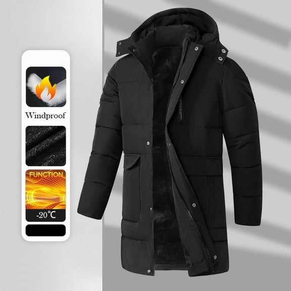 hlysgo Long Winter Coats for Men with Removable Hood Thicken Full Zip Fleece Lined Parka Jacket Big and Tall Windproof Quilted Padded Jackets Black XL