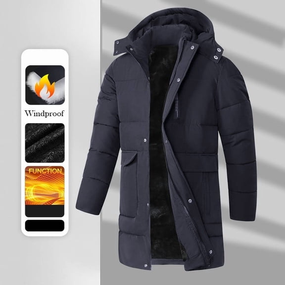 hlysgo Long Winter Coats for Men with Removable Hood Thicken Full Zip Fleece Lined Parka Jacket Big and Tall Windproof Quilted Padded Jackets Blue XXL