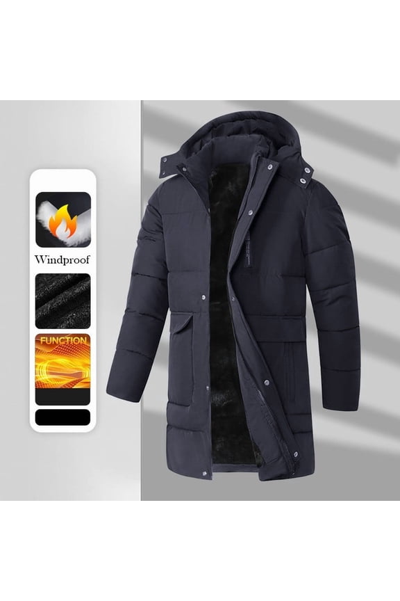 Long Winter Coats for Men with Removable Hood Thicken Full Zip Fleece Lined Parka Jacket Big and Tall Windproof Quilted Padded Jackets Blue XXL