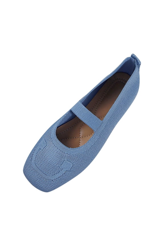Mary Jane Flats Square Toe, Knit Ballet Flats with Elastic Strap for Everyday Wear, Lightweight and Breathable Light Blue 41