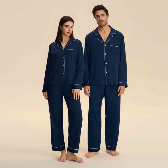Jessboyy Matching Pajamas for Couples Valentines Cozy Button Down Satin Sleepwear Shirts and Pants His and Hers Pajama Sets Comfy Lounge Set Navy L