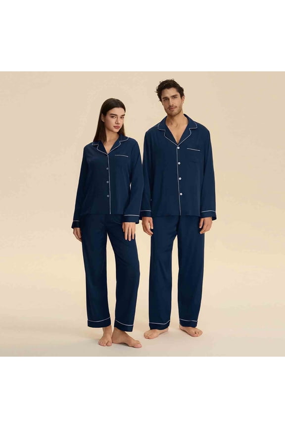 Matching Pajamas for Couples Valentines Cozy Button Down Satin Sleepwear Shirts and Pants His and Hers Pajama Sets Comfy Lounge Set Navy S