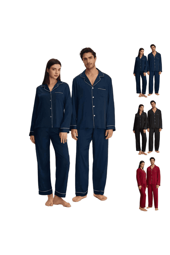 Matching Pajamas for Couples Valentines Cozy Button Down Satin Sleepwear Shirts and Pants His and Hers Pajama Sets Comfy Lounge Set Navy XL
