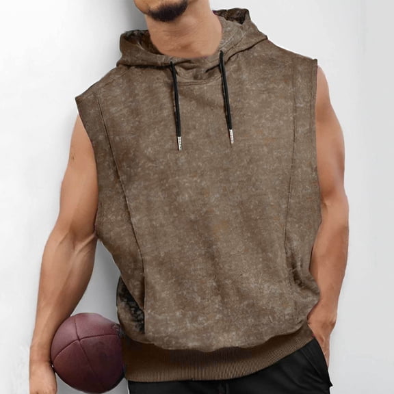 hlysgo Men Sleeveless Workout Hoodies Loose Fit Solid Color Athletic Gym Tank Tops for Men Casual Sport Pullover Hoodie Tank Tops Khaki XXL