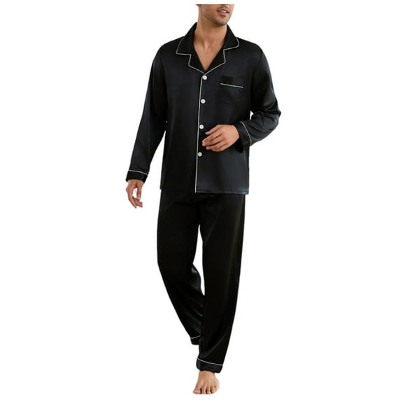 hlysgo Men's 2 Piece Satin Pjs Sets Plus Size Button Down Notch Collar Shirts and Night Bottoms Loungewear Men's Sleepwear Matching Pajama Sets Black XL