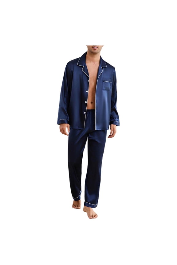 Men's 2 Piece Satin Pjs Sets Plus Size Button Down Notch Collar Shirts and Night Bottoms Loungewear Men's Sleepwear Matching Pajama Sets Navy M