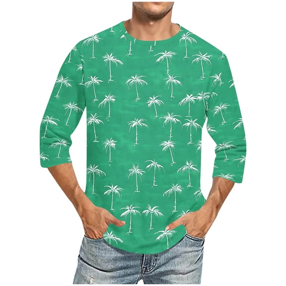 hlysgo Men's 3/4 Sleeve Crewneck Shirts Casual Crewneck Hawaiian Palm Tree Graphic Tee Loose Fit Vacation Shirt for Men Going Out Tops Green XXXXXL