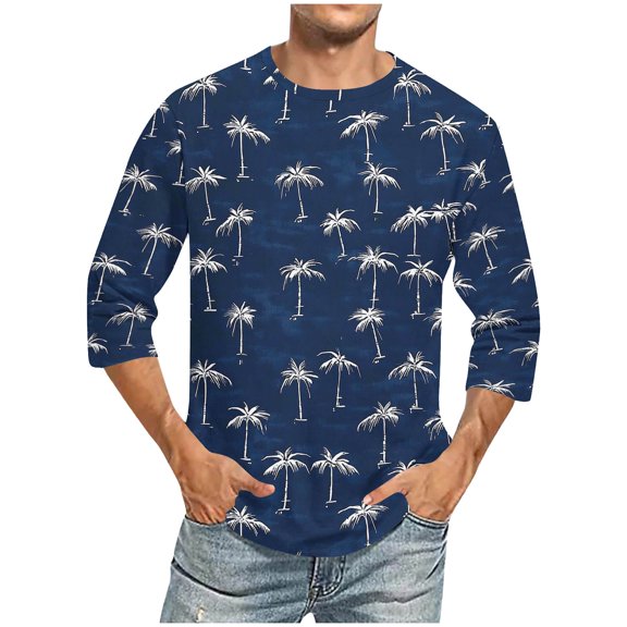 hlysgo Men's 3/4 Sleeve Crewneck Shirts Casual Crewneck Hawaiian Palm Tree Graphic Tee Loose Fit Vacation Shirt for Men Going Out Tops Navy L