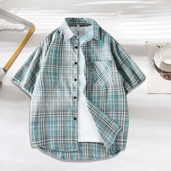 Jessboyy Men's Big and Tall Button Down Shirts for Men Trendy Plaid Short Sleeve Shirt with Pockets Business Casual Work Shirt Summer Blue XXXL