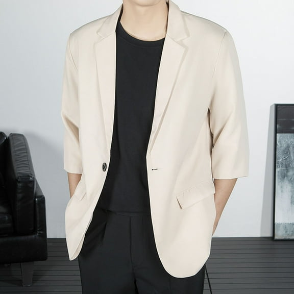 hlysgo Men's Blazers Business Casual Solid Color 3/4 Sleeve Blazer Jackets for Wedding Party Dressy One Button Notch Lapel Sport Jacket Beige XXL