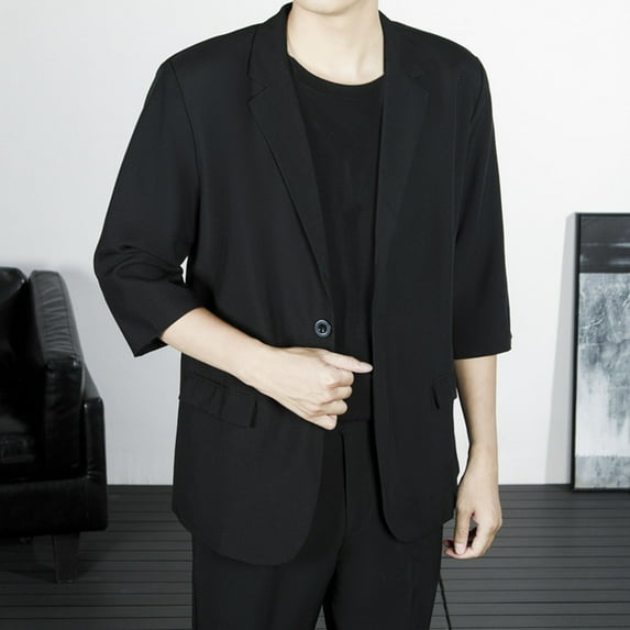 hlysgo Men's Blazers Business Casual Solid Color 3/4 Sleeve Blazer Jackets for Wedding Party Dressy One Button Notch Lapel Sport Jacket Black XL