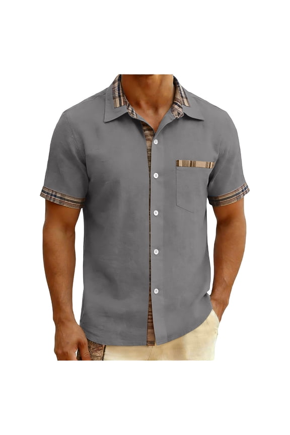 Men's Business Casual Button Down Shirts Short Sleeve Semi Formal Button up Work Shirt with Pockets Plaid Lined Summer Shirts Gray L