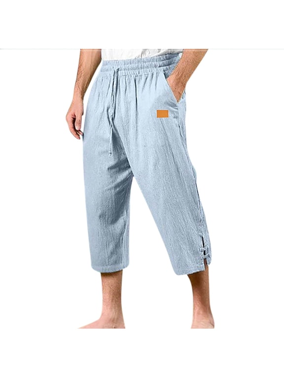 Men's Capri Pants Baggy 3/4 Long Shorts Below Knee Drawstring Pant Summer Beach Cropped Trousers with Pockets Sky Blue,2xL