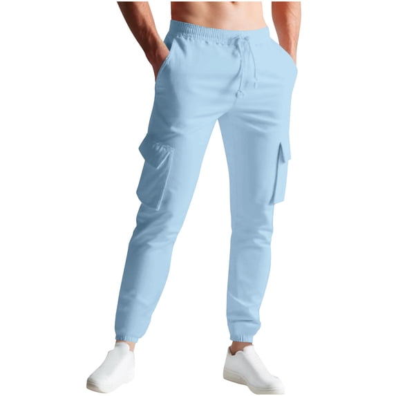 hlysgo Men's Casual Cargo Pants Jogger Elastic Waist Drawstring Hiking Pant Business Officewear Cozy Trousers with Multi Pockets Light Blue,L