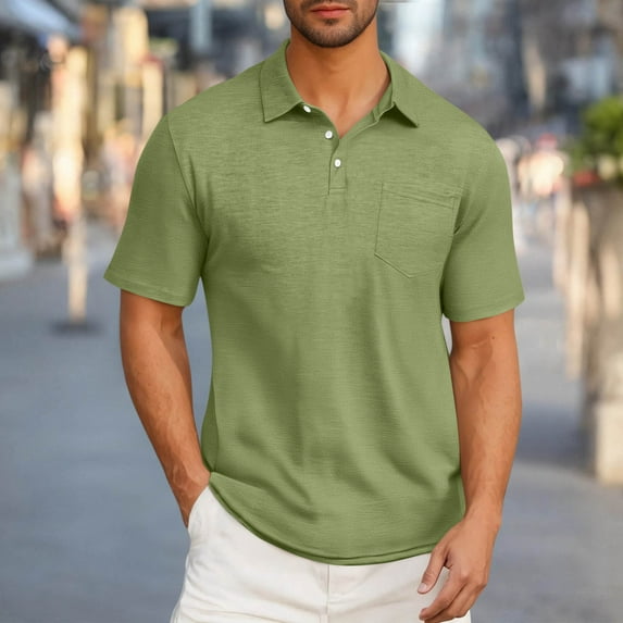 hlysgo Men's Collared Shirts with Chest Pockets Soft Lightweight Solid Color Short Sleeve 3 Button up Shirt Business Casual Work Golf Tshirts Green XXXL