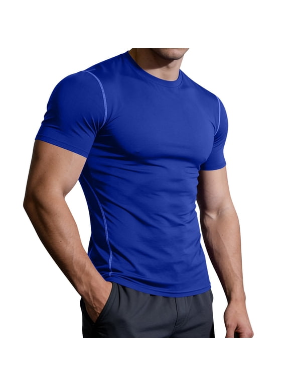 Men's Compression Shirts Short Sleeve Athletic Dry Workout T Shirt Rash Guard Base Layer Undershirt Blouse Blue,XL