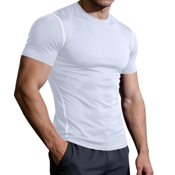 hlysgo Men's Compression Shirts Short Sleeve Athletic Dry Workout T Shirt Rash Guard Base Layer Undershirt Blouse White,XL