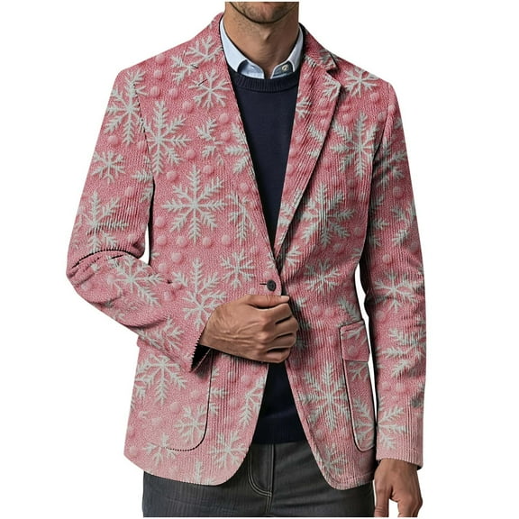 hlysgo Men's Corduroy Christmas Blazers Trendy Snowflake Print Xmas Suit Jackets Regular Fit One Button Business Suit Winter Holiday Party Blazer Pink XXXL