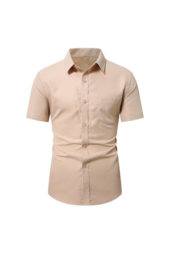 Men's Dress Shirts Short Sleeve Button up Work Shirt with Pockets Dressy Casual Wedding Party Button Down Shirt Semi Formal Dress Shirts Beige L