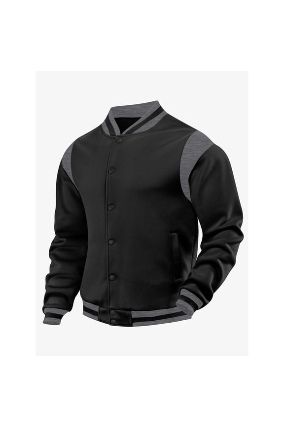 Men's Fleece Lined Bomber Jackets Thicken Color Block Long Sleeve Baseball Varsity Jacket Casual Stand Collar Button up Outerwear Black XXL