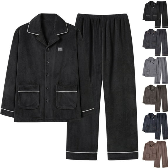 hlysgo Men's Fleece Pajamas Sets Big and Tall Soft Solid Color Button up Sleepwear Shirts and Bottoms Cozy Loungewear Winter 2 Piece Pjs Set Black XXXXL