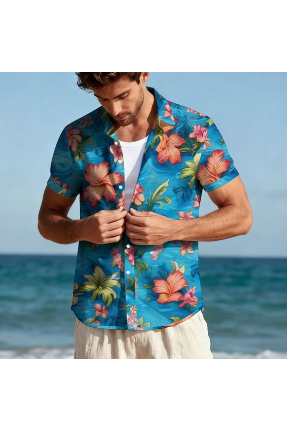 Men's Flower Printed Hawaiian Shirts Big and Tall Summer Short Sleeve Beach Button Down Hawaiian Shirt Casual Vacation Tops Party Clothes Light Blue L