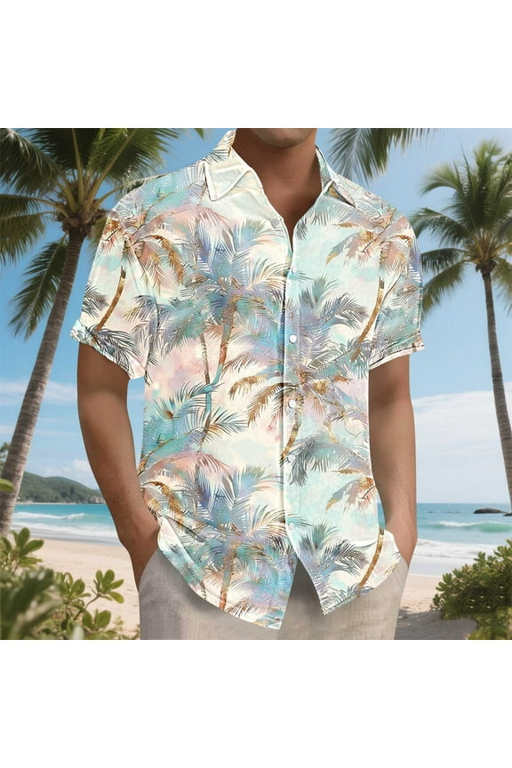 Men's Hawaiian Shirts Trendy Palm Tree Printed Short Sleeve Button Down Shirt Summer Tropical Beach Vacation Shirts Big and Tall White XXL