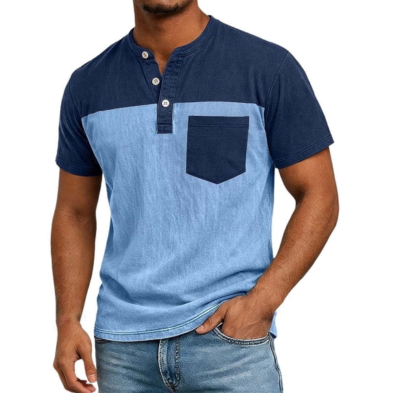 hlysgo Men's Henley Shirts Short Sleeve Button T-Shirts Casual Summer Classic Color Block Tee Top with Pocket Blue,XL