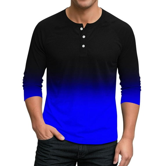 hlysgo Men's Henley Shirts Trendy Gradient Color 3/4 Sleeve Graphic Tees Casual 3 Button Work Going Out Pullover Tops Fashion Clothes for Men Blue L