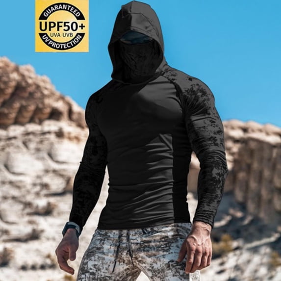 hlysgo Men's Long Sleeve Raglan Shirts Breathable Sun Protection Shirts with Mask Summer Outdoor Hiking Tops Casual Rash Guard Cooling UV Shirt Black,3XL